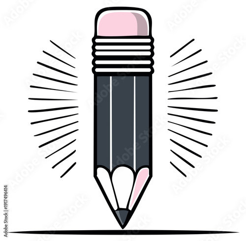 Illustration of a gray pencil with a pink eraser and drawing lines