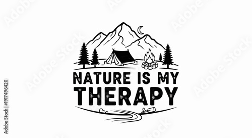 Camping scene with mountains, tent, campfire, and text about nature