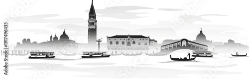 Canal skyline with iconic bridge, tower, and gondolas