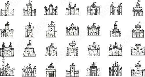 Collection of hand-drawn medieval fortresses with flags atop towers