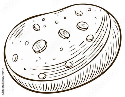 Hand drawn line art illustration of a porous cleaning sponge for household chores