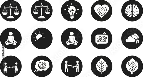 Collection of icons representing abstract concepts like balance, ideas, and well-being