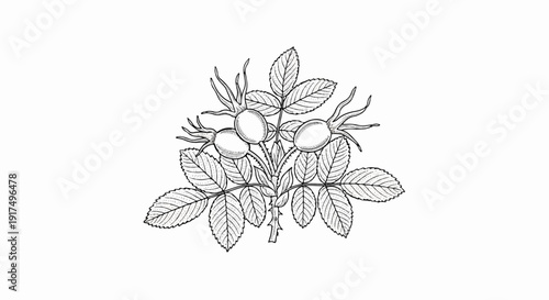 Delicate line drawing of rose hips and serrated leaves on a stem