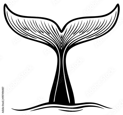 Stylized whale tail diving into the ocean water vector graphic icon