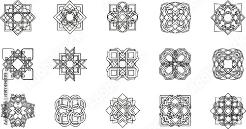 Collection of intricate, black and white Celtic knot-inspired geometric patterns