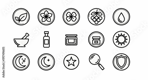Collection of minimalist outline icons representing natural ingredients and cosmetic elements