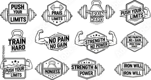 Collection of motivational gym graphics with barbells and weights
