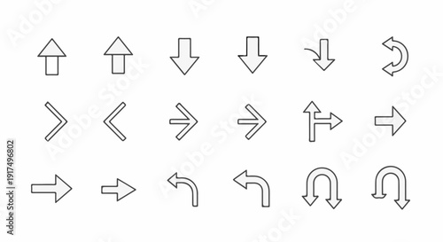 Collection of simple black and white arrow icons showing various directions and turns