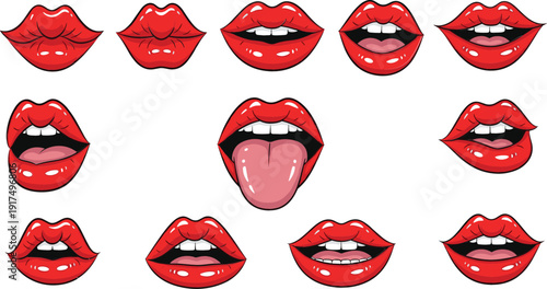 Set of sexy red lips in various expressions and mouth shapes including smiling laughing talking and sticking out tongue in pop art vector style.