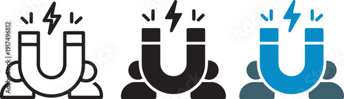 Three stylized magnet icons with lightning bolt and human figures in black, solid, and blue variations, symbolizing attraction, influence, marketing, leadership, and teamwork concepts
