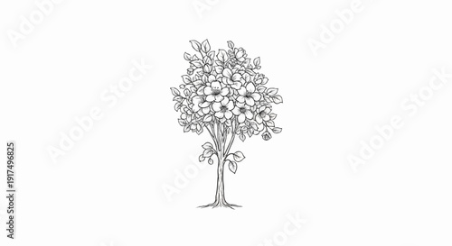Delicate sketch of a blooming tree with intricate blossoms and leaves