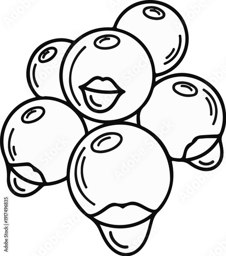 Cartoon cluster of berries, some with exaggerated lips and dripping juice