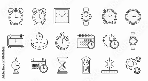 Collection of time-related icons alarms, watches, calendars, hourglass, sun