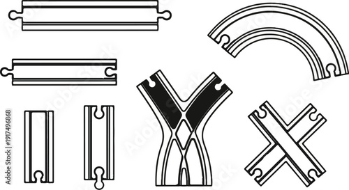 Collection of toy train track pieces straights, curves, Y-junction, and cross-over