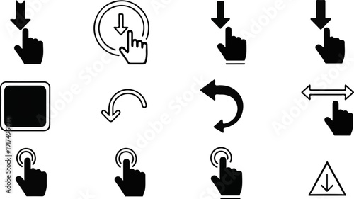 Collection of twelve distinct icons representing various digital interaction gestures