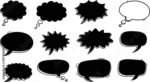 Collection of twelve diverse hand-drawn speech and thought bubbles in black and white