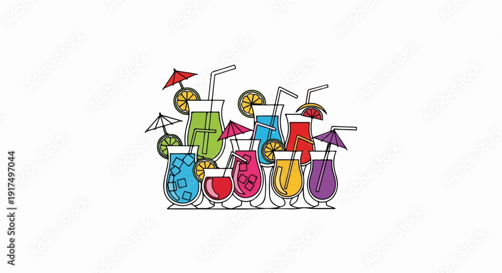 Fototapeta premium Colorful assortment of refreshing tropical cocktails with ice, fruit slices, and garnishes
