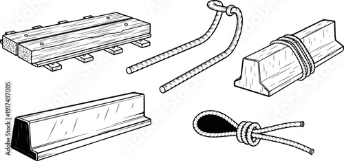 Collection of wooden and metal objects with rope details