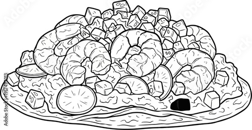 Delicious plate of shrimp, citrus slices, and diced vegetables