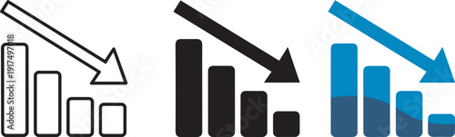 Stylized declining bar chart with downward arrows in black and blue gradient variations, representing financial loss, economic downturn, business decrease, and negative performance analysis design