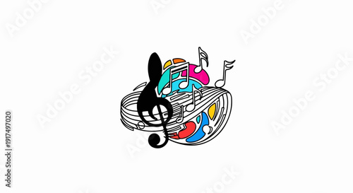 Colorful abstract musical notes and clef swirl
