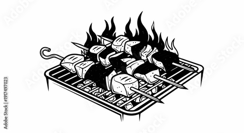 Delicious skewered food sizzling over open flames on a grill, invitingly prepared