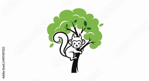 Cartoon monkey climbing a green leafy tree branch