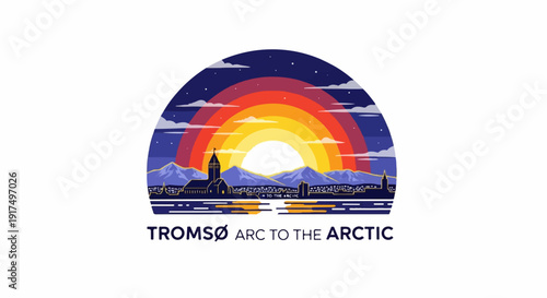 Colorful arc over a city skyline with mountains under a starry sky