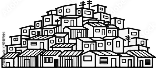 Dense black and white illustration of clustered, stylized houses built on a slope