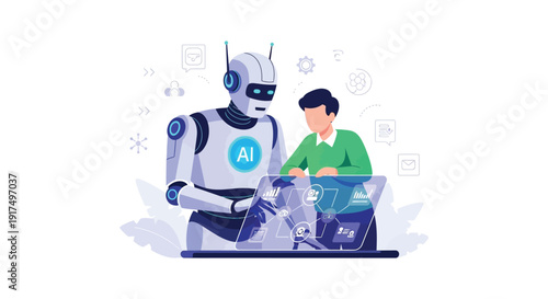A futuristic illustration depicting a robot and a person interacting with a laptop ideal for tech concepts on transparent background silhouette