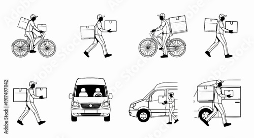 Delivery people on bikes and in vans with boxes