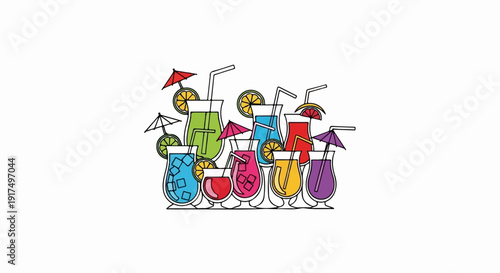 Colorful assortment of refreshing tropical cocktails with ice, fruit slices, and garnishes