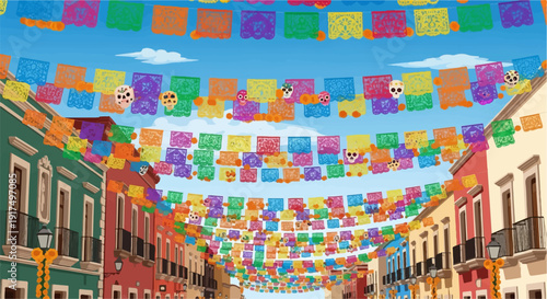 Colorful banners with skull designs strung across buildings on a sunny day