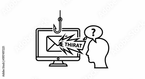 Computer screen displays a phishing email with a hook above it, near a pensive person