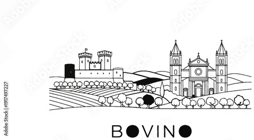 Castle, church, and rolling hills with trees, an idyllic rural panorama