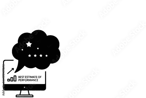 Computer screen with a thought bubble showing ratings and performance graph