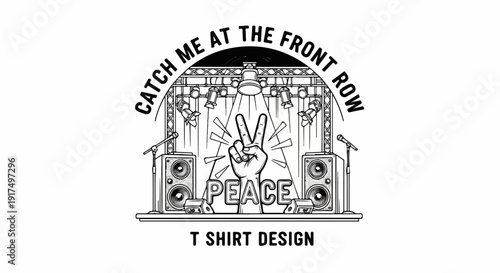 Concert stage with peace sign, spotlights, and speakers