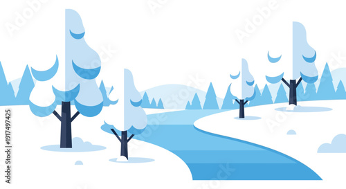 A serene winter landscape featuring snow covered trees and a winding river ideal for designs on transparent background silhouette high quality professional