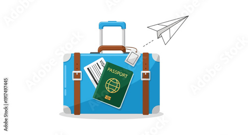 A blue suitcase with travel documents and a paper airplane presented as a silhouette on transparent background high quality professional detailed