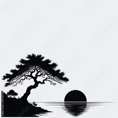 Serene Bonsai Tree Silhouette with Sunset Reflection