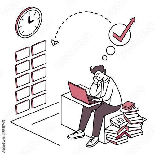 A man sitting on a box working on a laptop with a clock and papers around