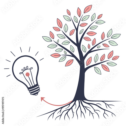 Idea turning into a growing tree with colorful leaves and roots