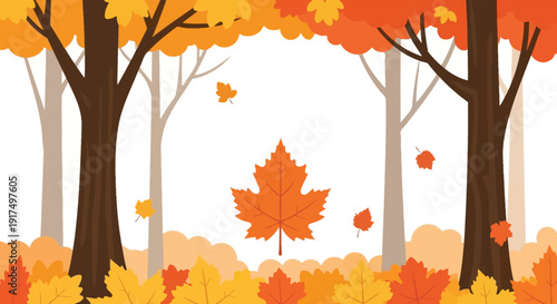 A vibrant autumn forest scene with falling maple leaves and bare tree trunks perfect for seasonal designs on transparent background silhouette