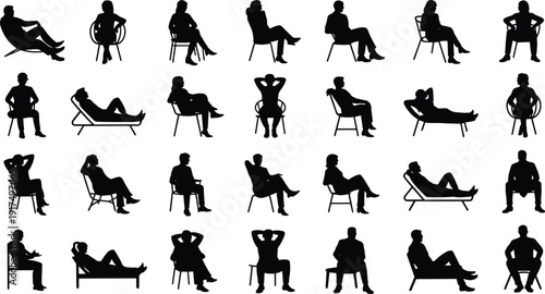 Seated posture silhouette, chair design, human ergonomics, relaxed pose, attentive stance, armchair figure, lounge chair, black vector, posture study, lifestyle icon