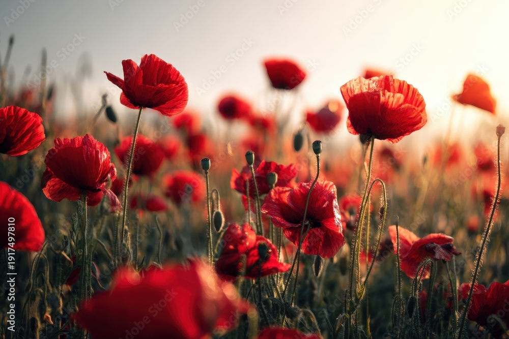 Obraz premium Bright red poppies grow in a vast field as the sun sets, casting warm light. The flowers sway gently in the breeze, showing their beauty and fullness in the soft evening glow