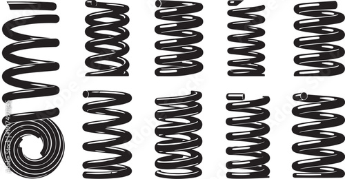 Collection of various black metal springs on white background