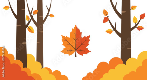 Autumnal trees and a vibrant maple leaf illustration perfect for fall designs on transparent background silhouette high quality professional detailed modern
