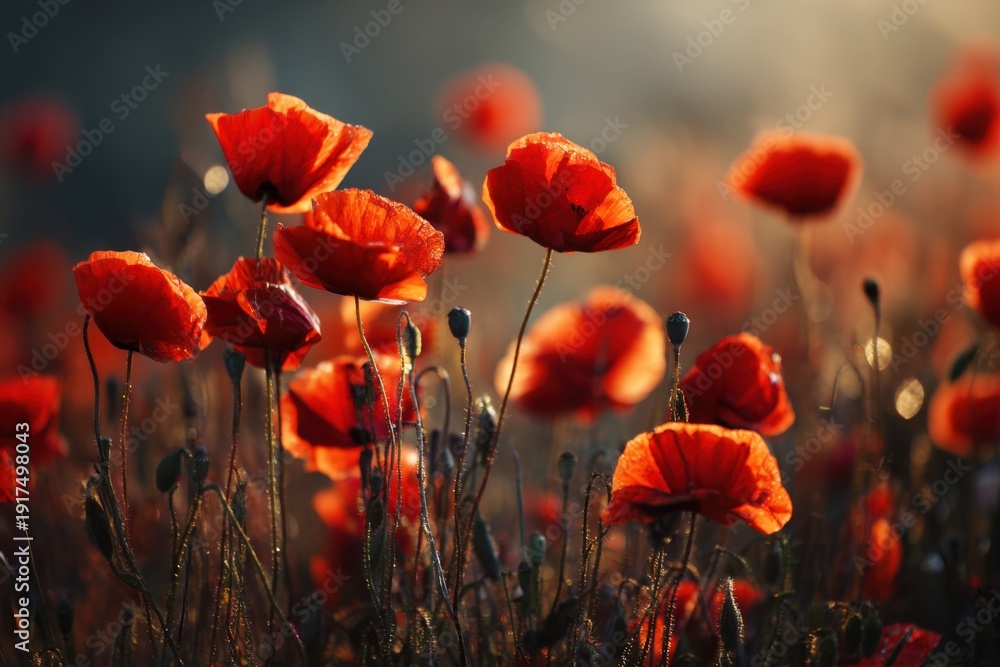 Obraz premium Bright red poppies grow in a vast field as the sun sets, casting warm light. The flowers sway gently in the breeze, showing their beauty and fullness in the soft evening glow