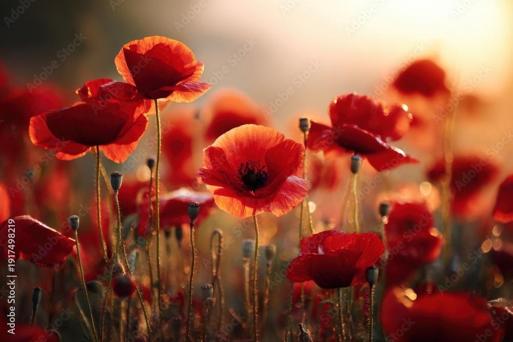 Fototapeta premium Bright red poppies grow in a vast field as the sun sets, casting warm light. The flowers sway gently in the breeze, showing their beauty and fullness in the soft evening glow
