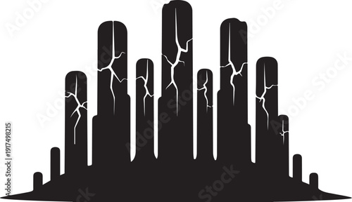 Cracked City Skyline Silhouette with Broken Skyscrapers and Buildings